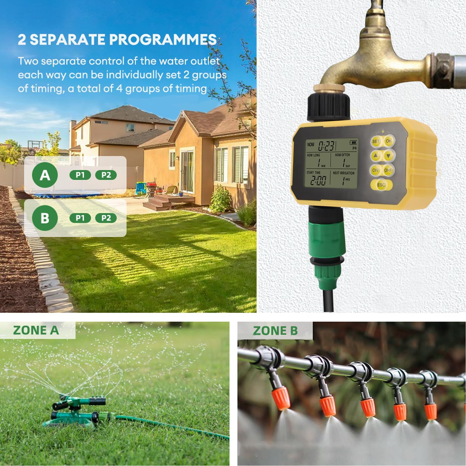 Timer Solare per l'acqua, di Irrigazione Programmabile con Sensore Pioggia, Pannello Solare Regolabile, Irrigatore Automatico per Tubo da Giardino, Facile Configurazione per la Casa