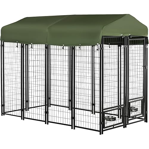 PawHut 8' x 4' x 6' Dog Kennel Outside, Welded Wire Outdoor Dog Kennel Run with 360° Rotating Bowls, Waterproof & UV Resistant Cover, for S&M&L Breeds, Chickens, Ducks, Green