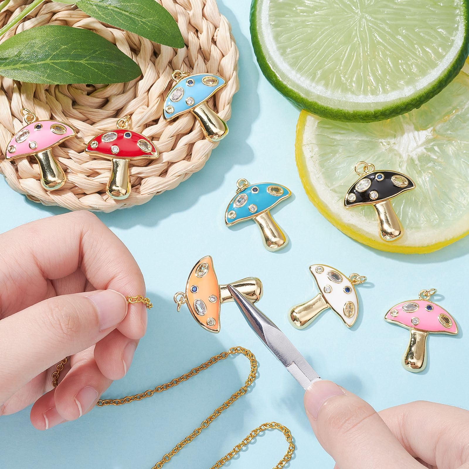 SUNNYCLUE Mushroom Charms - 8Pcs 18K Gold Plated Brass With Cubic Zirconia For Jewelry Making