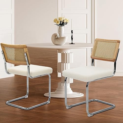Modernas sillas de comedor de caña Cesca, juego de 2, respaldo de caña de ratán tejido a mano, base cromada, asiento tapizado de bucle, ideal para