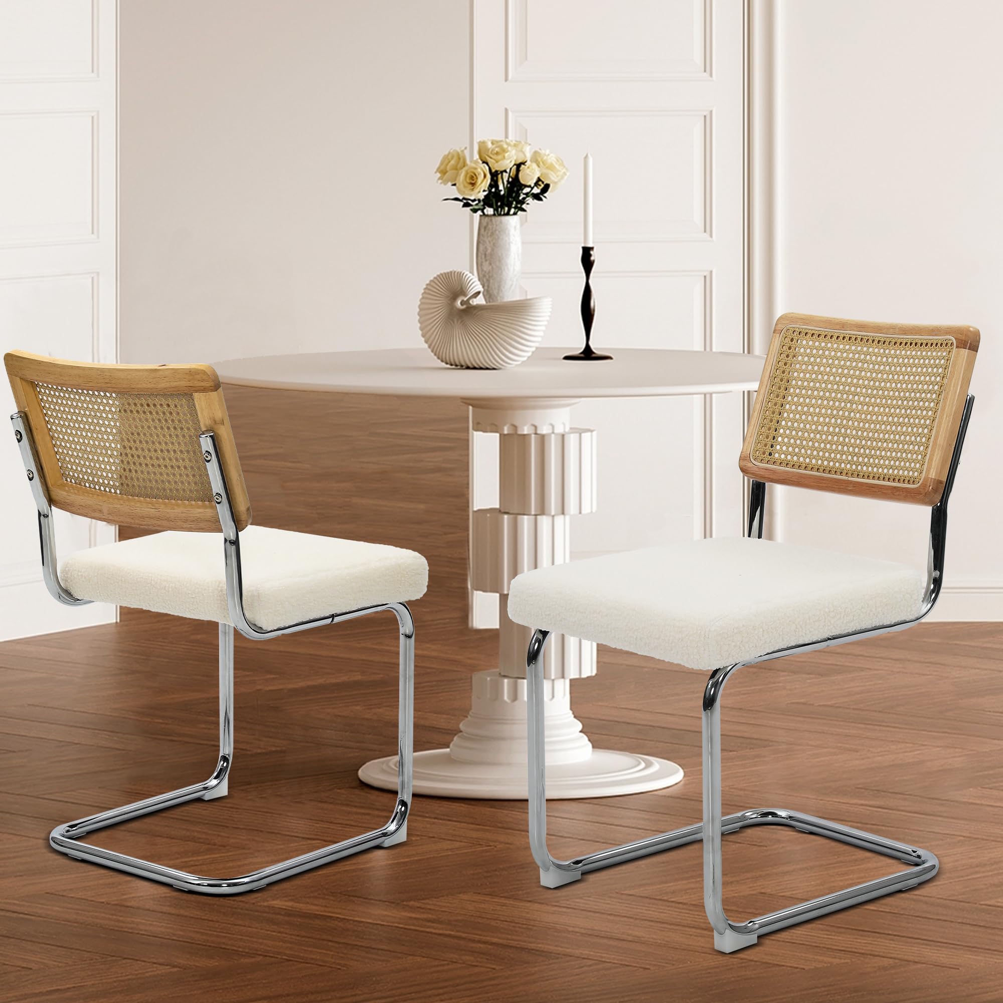 Dining Chairs Set of 2, Modern Rattan Kitchen Chairs, Mid Century Modern Design, Polished Chrome Frame, Upholstered Seat, White