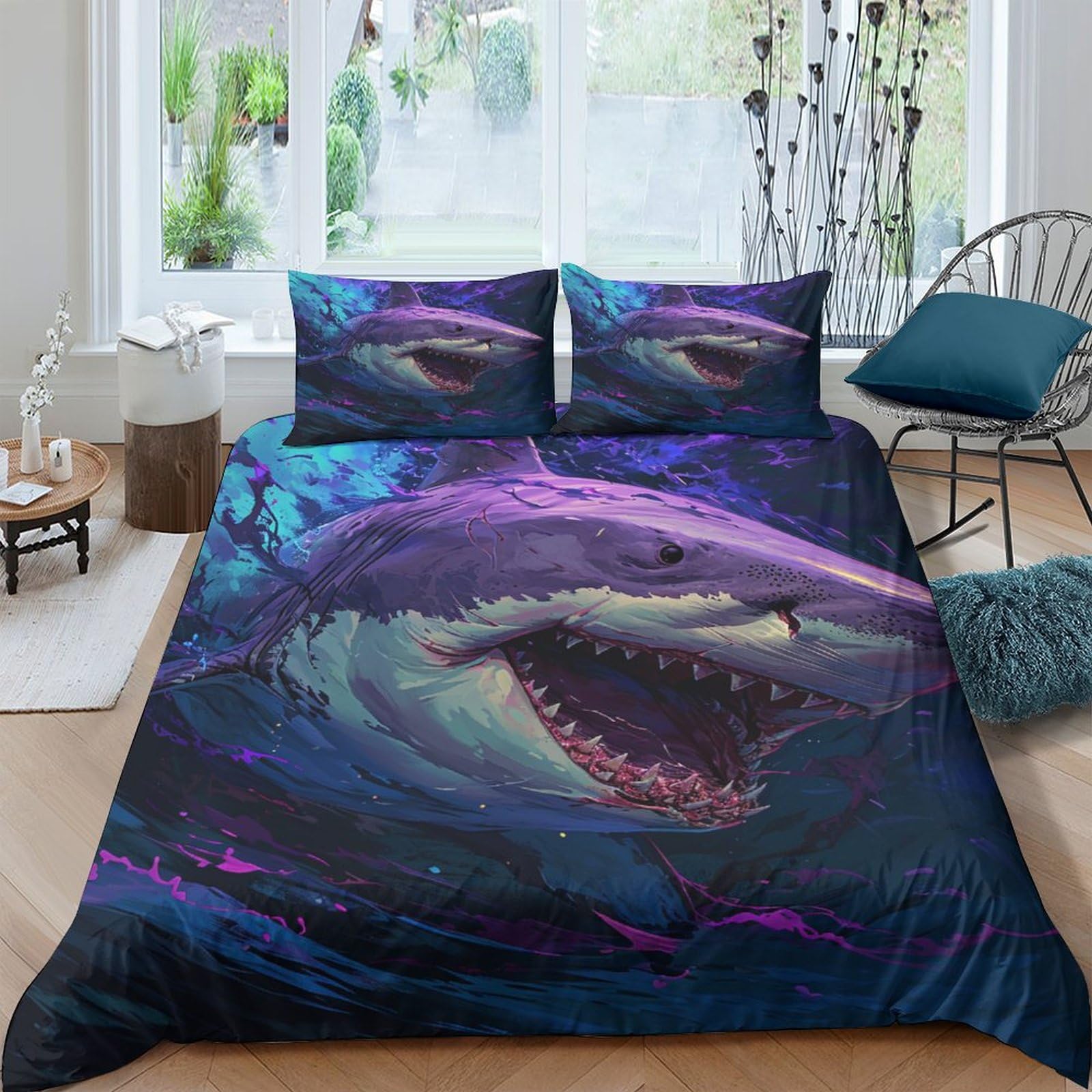 Housse de couette requin 3D ICOBES 200x200 pour créer un décor marin dans la chambre