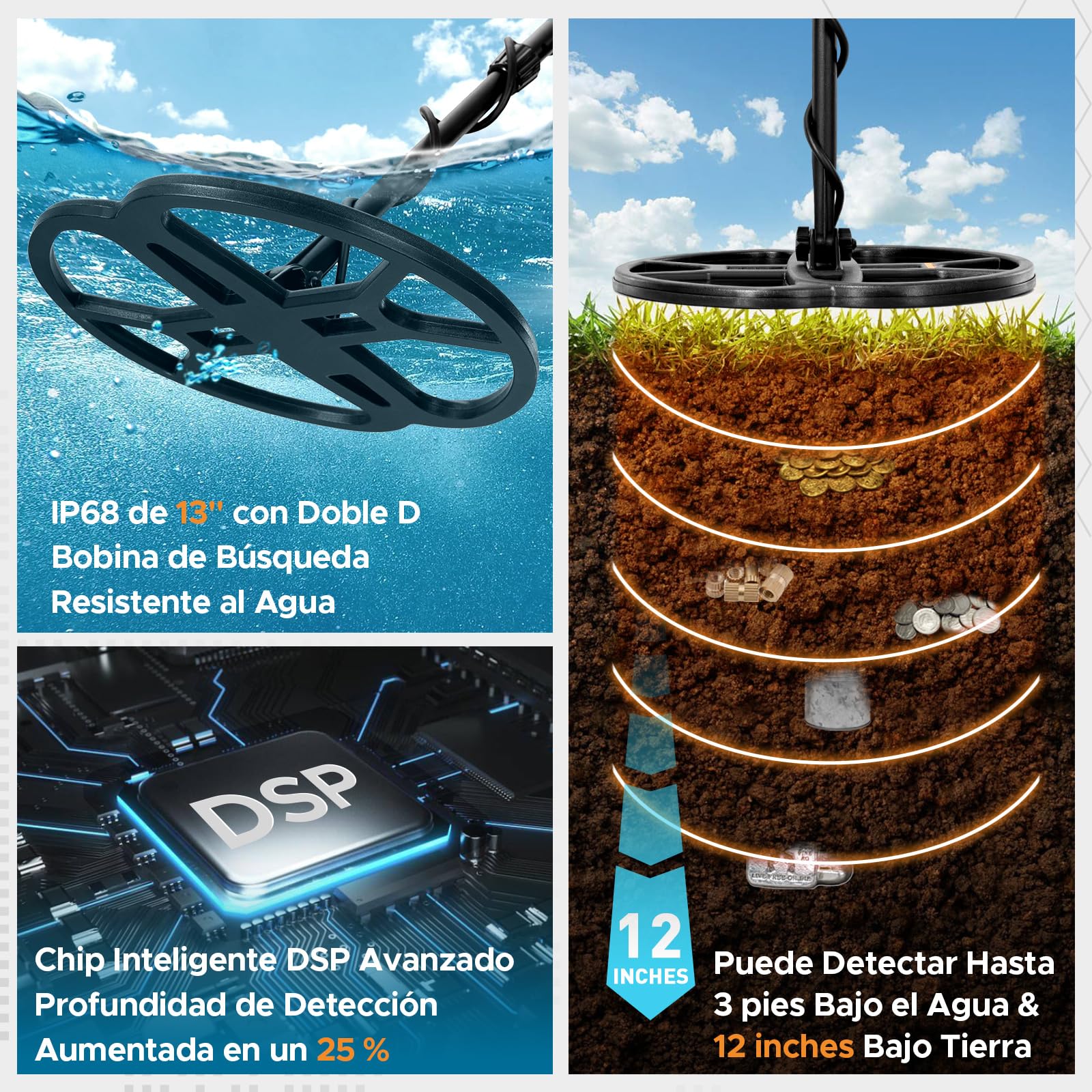 Hazlewolke Detector de Metales Profesional de 33cm, Doble D, Resistente al Agua, buscador de Bobina Dorada con Pinpoint, Modo Disc de Alta sensibilidad, Pantalla LCD retroiluminada, Detector de Oro