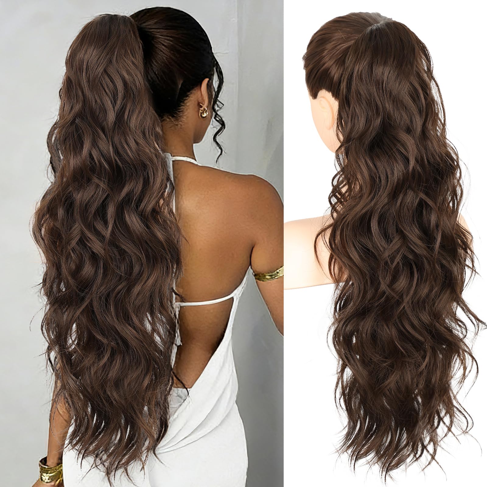 RONTAYA Extension queue de cheval – Extension à pince crabe, longue et ondulée, pour femme – Postiche synthétique, volumineux et naturel, pour usage quotidien – 66 cm (Couleur : Brun foncé)