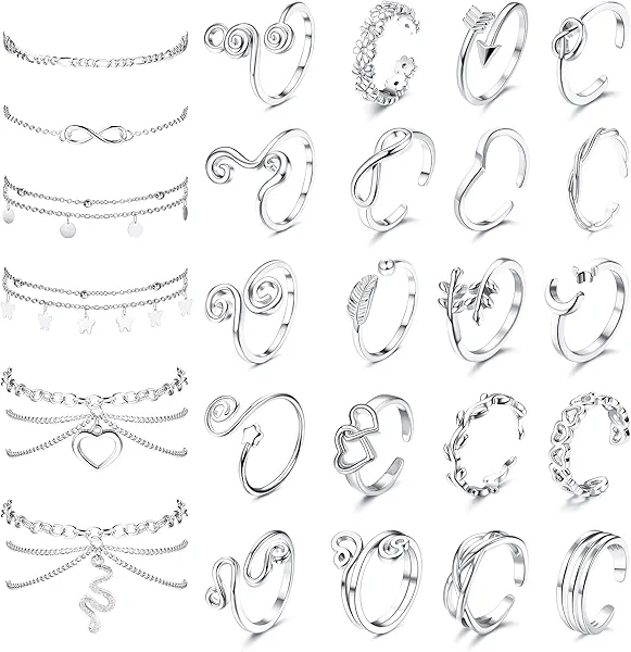 ORAZIO Toe Rings and Ankle Bracelets for Women Silver Rose Gold Plated Anklet Toe Rings Cute Layered Anklets Open Tail Rings Adjustable Beach Foot Jewelry for Summer