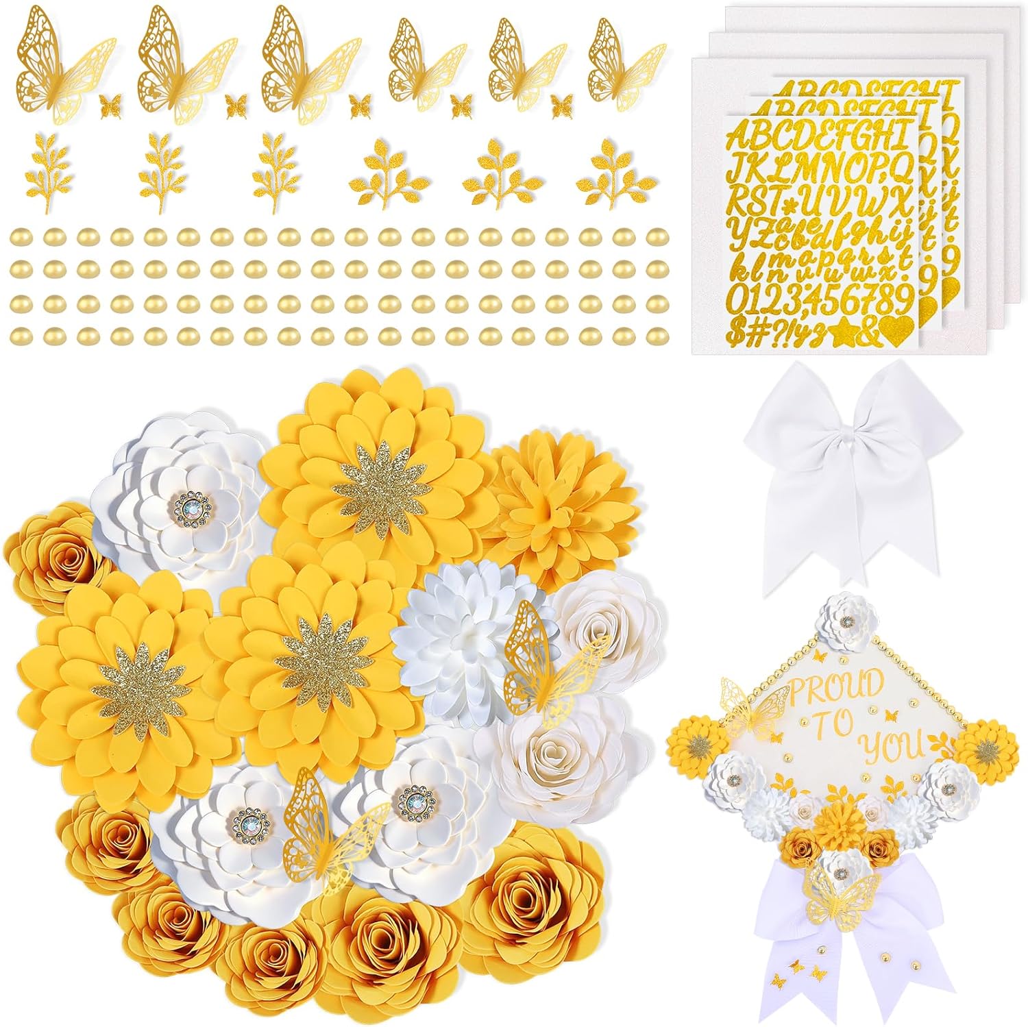 Mverse Graduation Cap Decorations 2026 - Purple Paper Flowers & Gold Butterfly for Grad Cap Topper - DIY Flower Stickers, Glitter Letters & Pearls for Crafts & Shadow Box