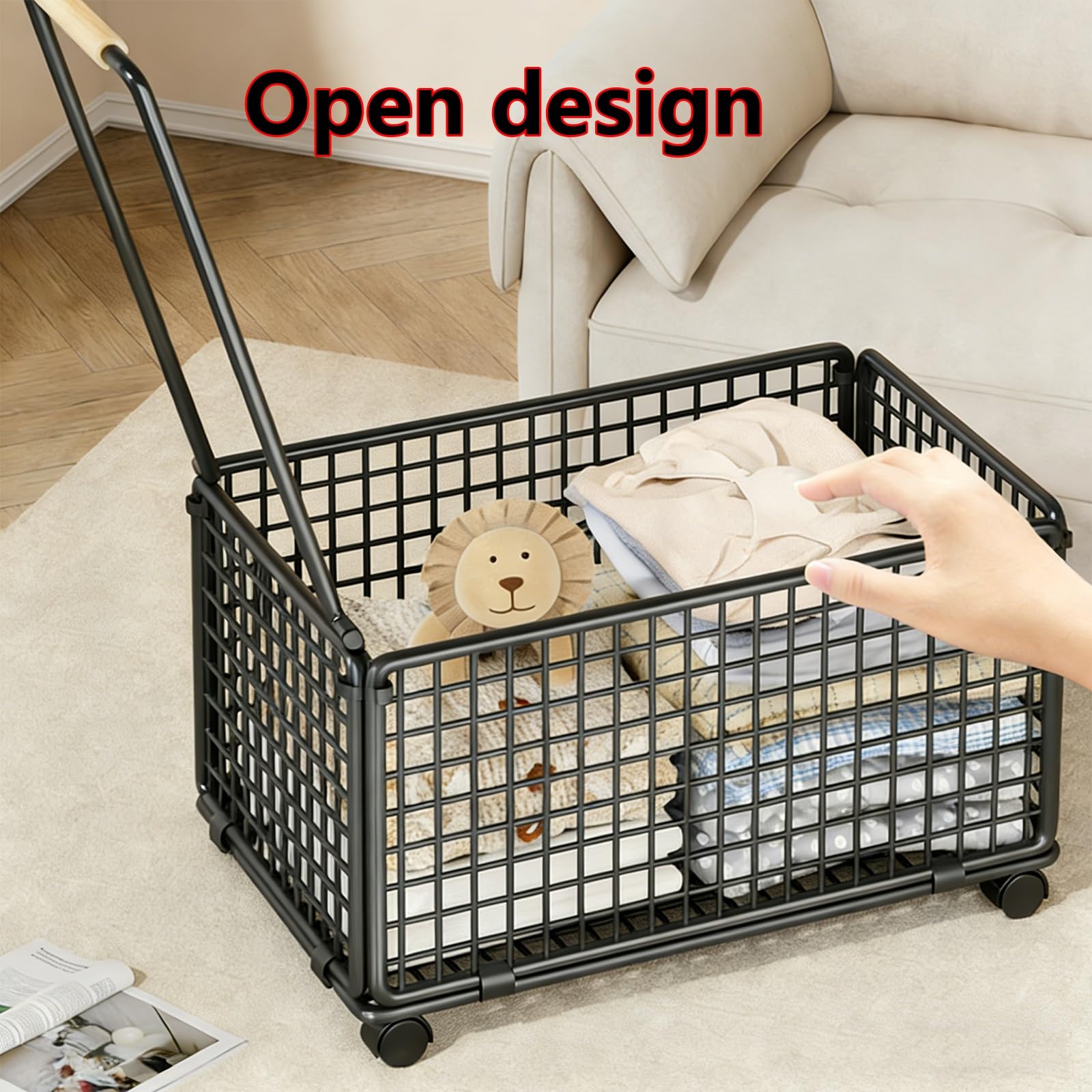 Cesto portaoggetti con manico, grande contenitore in metallo con ruote, cesto portabiancheria mobile per camera da letto, bagno, soggiorno, contenitore per giocattoli