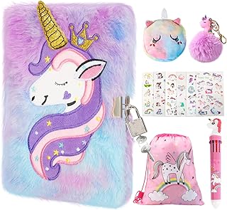 homicozy Kids Unicorn Diary with Lock and Key,Tie-Dye Fuzzy Journal for Girls Ages 6 And Up,Hardcover Notebook with 160 Pages,Cute Stationery Unicorn Gift for Girls