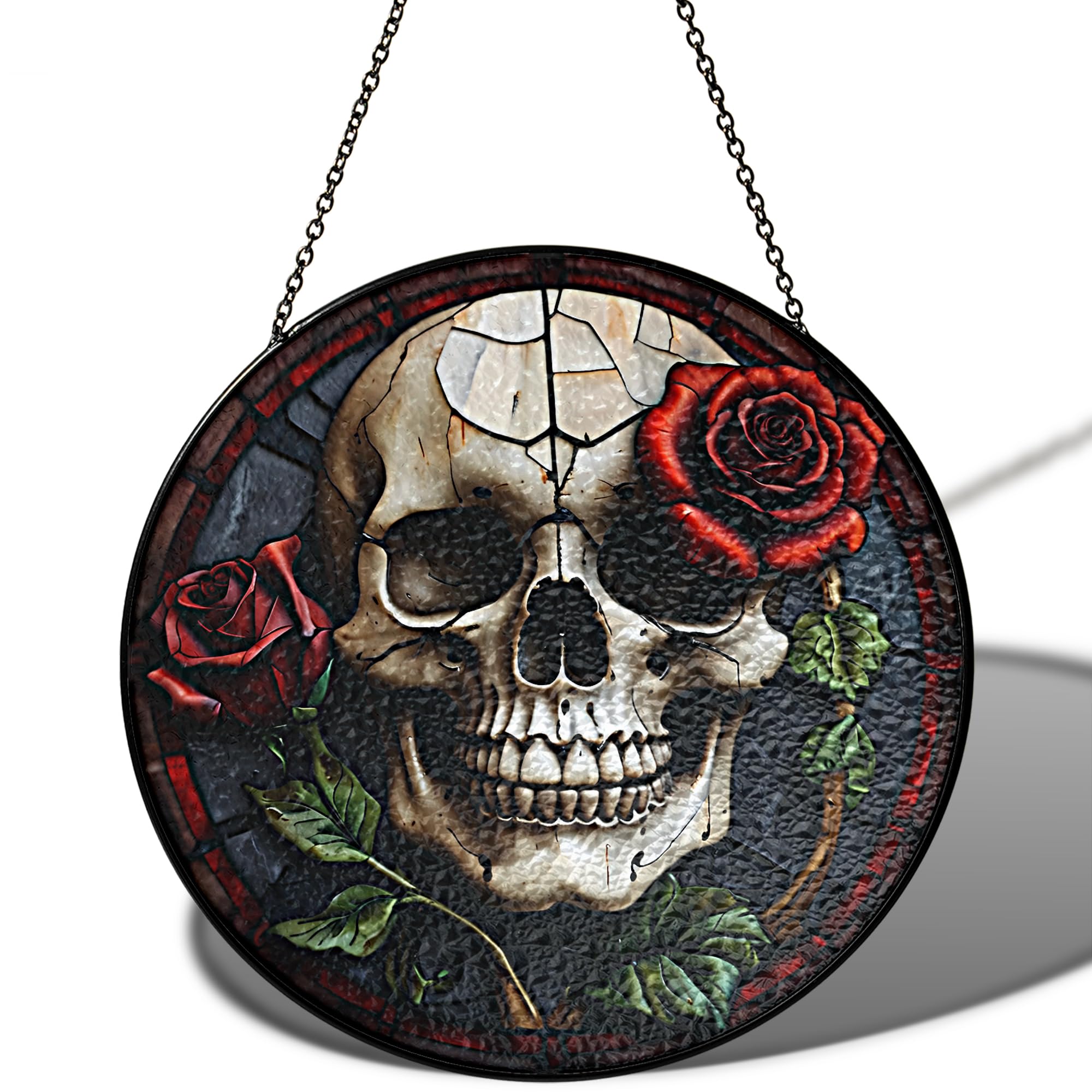 7.8" Skull Rose Stained Glass Suncatcher, Gothic Window Hanging Ornament for Home Decor, Unique Halloween Decoration with Red Rose Skull Art, Spooky Gothic Room Accent ART-03E-SG8
