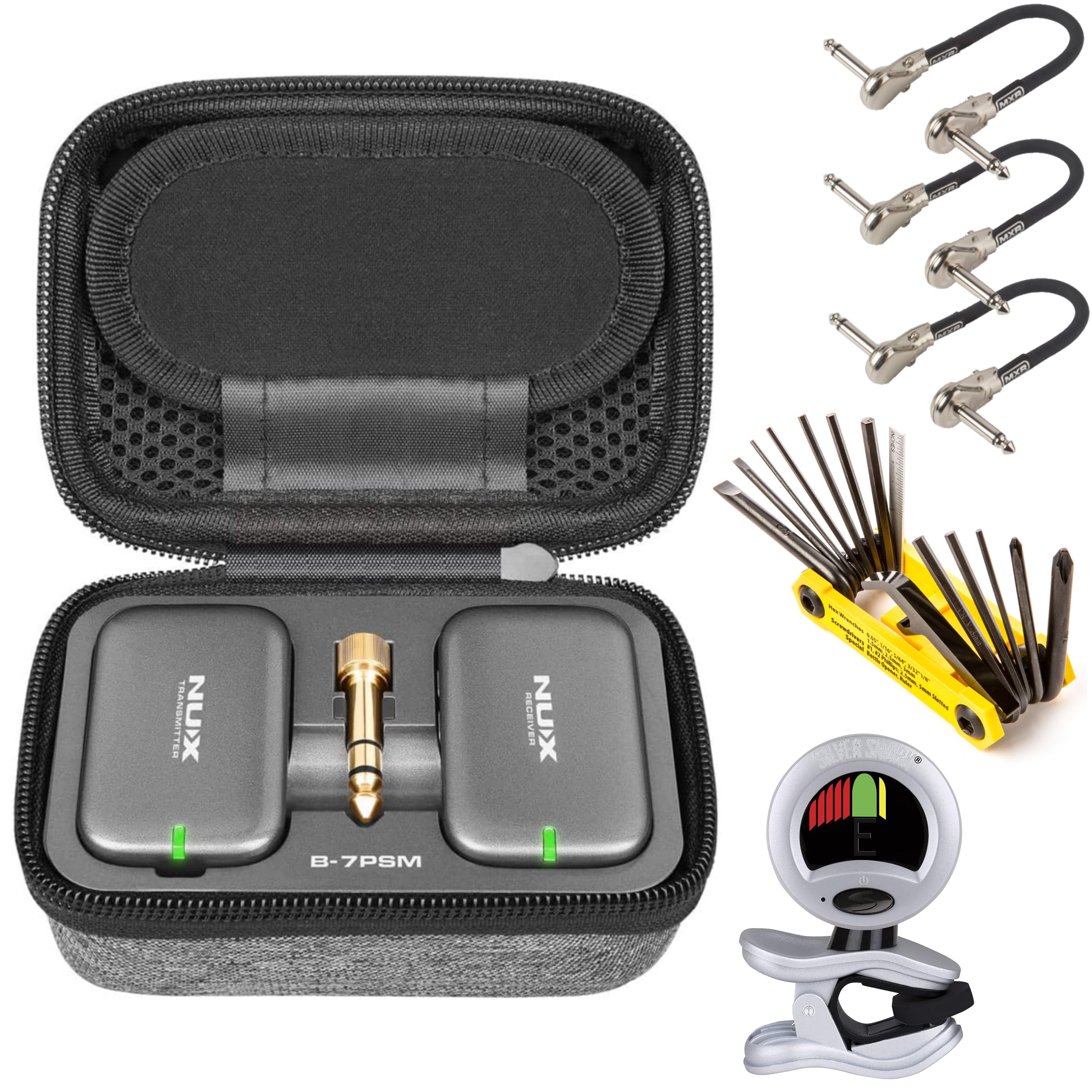 NUX B-7PSM 5.8 GHz Wireless in-Ear Monitor System - Bundle with 3 MXR Patch Cables, Groovetech Multi-Tool, and Snark Tuner