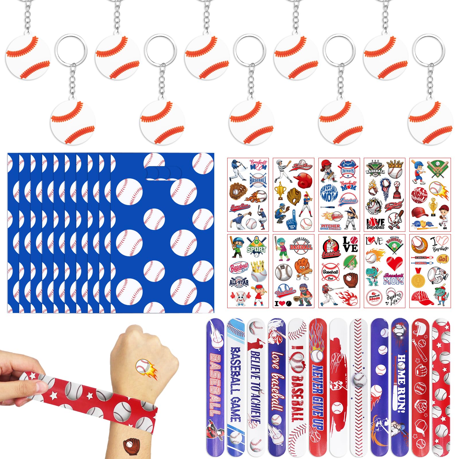42Pcs Baseball Party Bag Fillers for Kids, Kid's Party Favours with Slap Bands Stickers Keychains Gift Bags Assorted Pinata Toys for Boys Girls Birthday Gifts