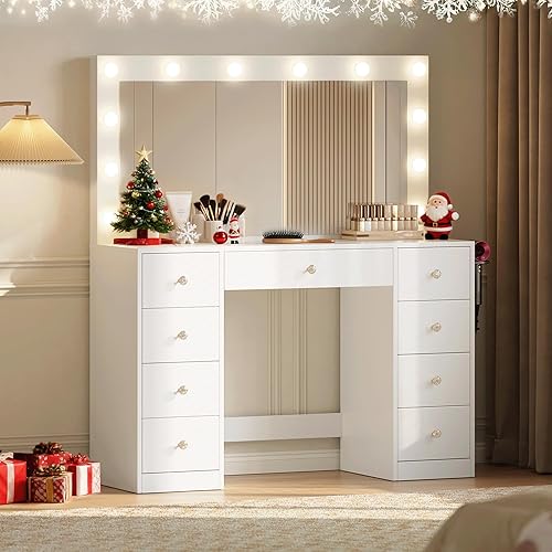 Dowinx Vanity Desk with Large Mirror and Lights, 43.3in Vanity Desk with 12 LED Bulbs and HD Mirror, 3 Lighting Modes, Makeup Vanity with Power Outlet 9 Drawers & Storage for Girls Bedroom