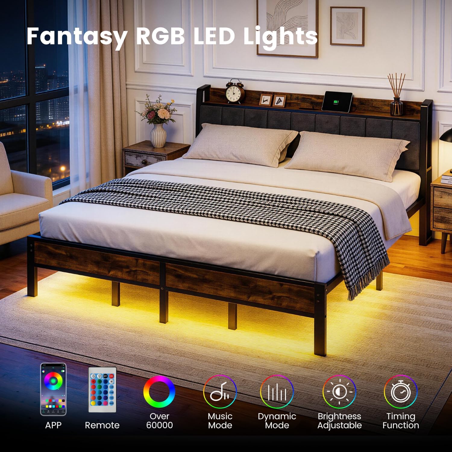 King Size Bed Frame with Charging Station, Storage Headboard with Smart LED Lights, Metal Platform Bed Frame with USB Ports, Noise Free, No Box Spring Needed, Easy Assembly