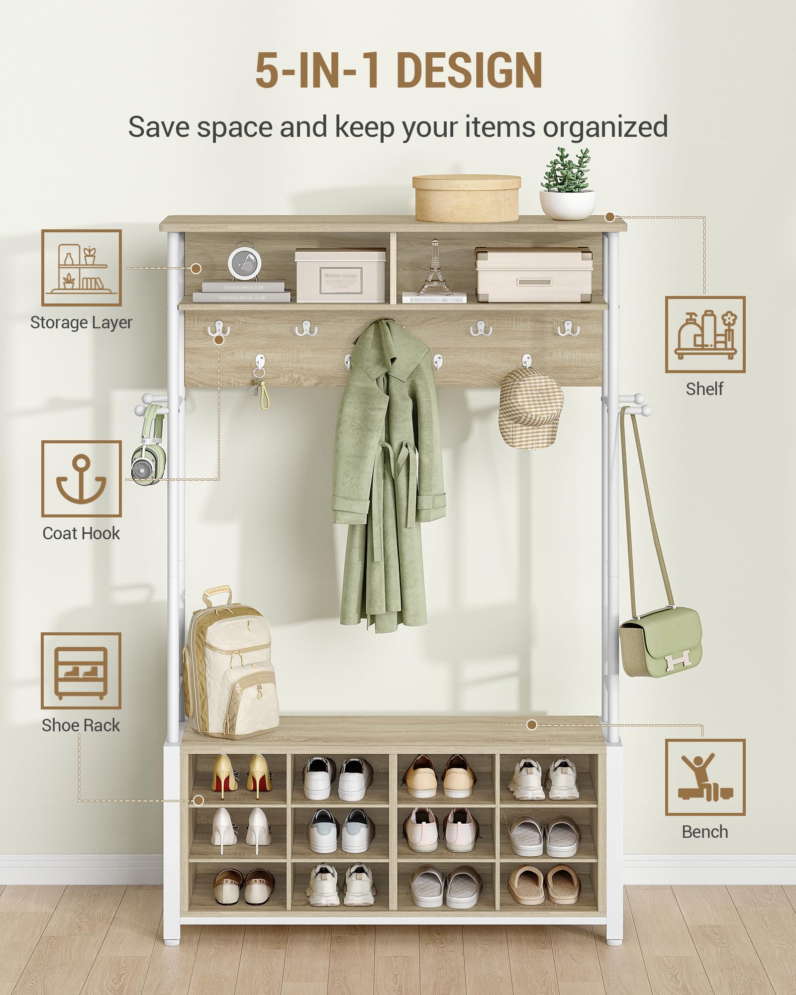 Hzuaneri Appendiabiti Ingresso con Panca Scarpiera, 12 Scomparti per Scarpe, 13 Ganci Attaccapanni, 32 x 106 x 185 cm, Industriale, per Corridoio, Ingressom, Greige HT17916W