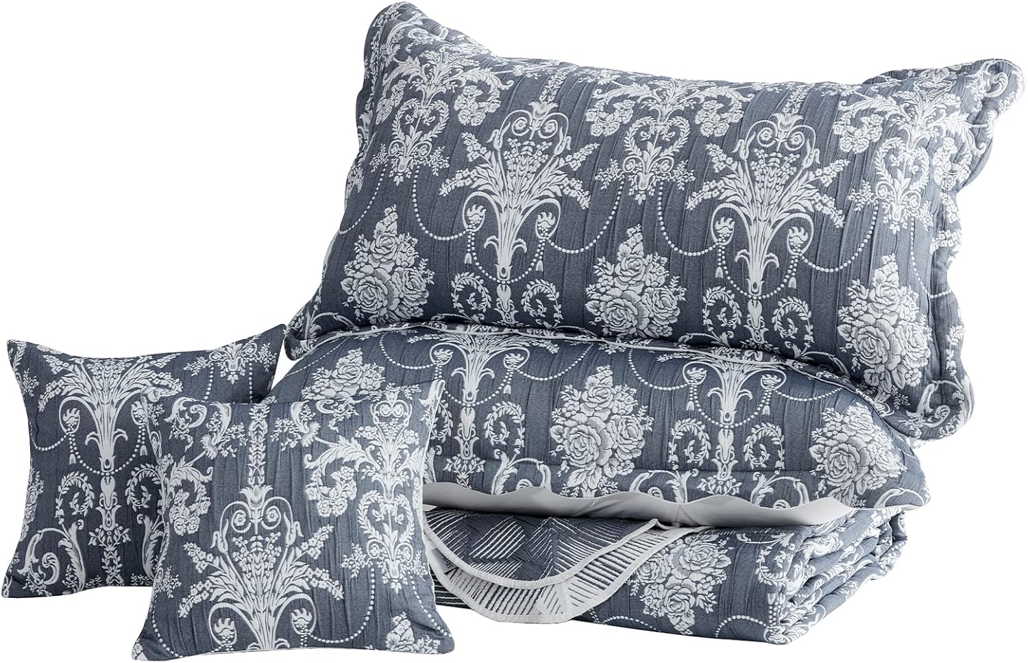 Oversized King Bedspread 128x120 Extra Wide, Jacquard Matelasse Damask Pattern Design, Lightweight, Reversible, 5 Piece, 100% Microfiber, Blue - Image 9