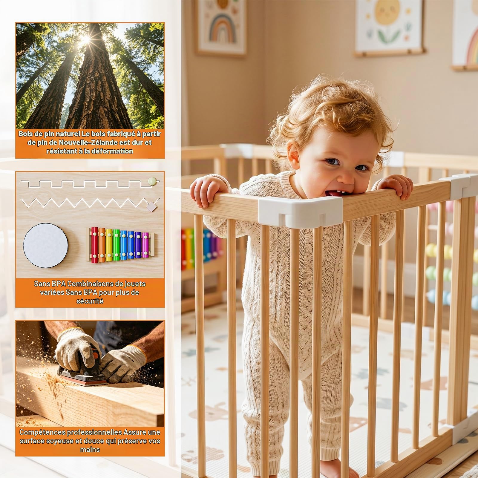 Parc Bébé Modulable en Bois 160 x 160 cm avec Porte | Parc pliable et réglable en taille et forme, aire de jeu stable pour la maison, idéale pour bébés et jeunes enfants