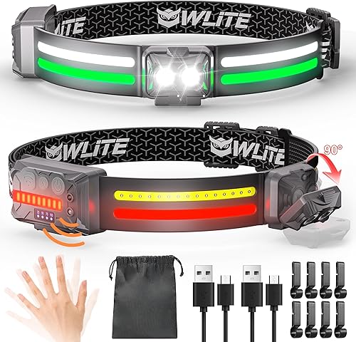 EGUKU Faros delanteros recargables, paquete de 2 faros LED recargables de 1200 lúmenes, 2 COB 260  de ancho con sensor de movimiento, brillante, 18