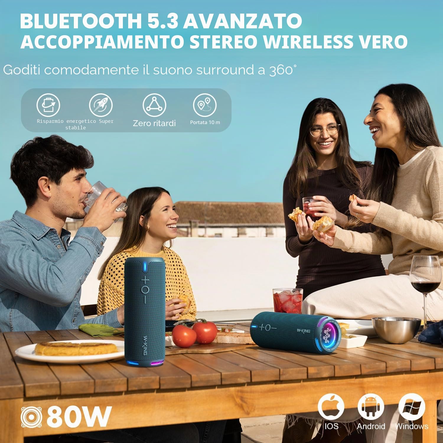 W-KING Cassa Bluetooth Potente Portatile, 40W Altoparlante Speaker Bluetooth Impermeabile IP67, APP EQ Personalizzata/Bassi Profondi, Audio Stereo 360° da Con Luci/V5.3/DSP/24H/TF/AUX,Per Doccia,Party