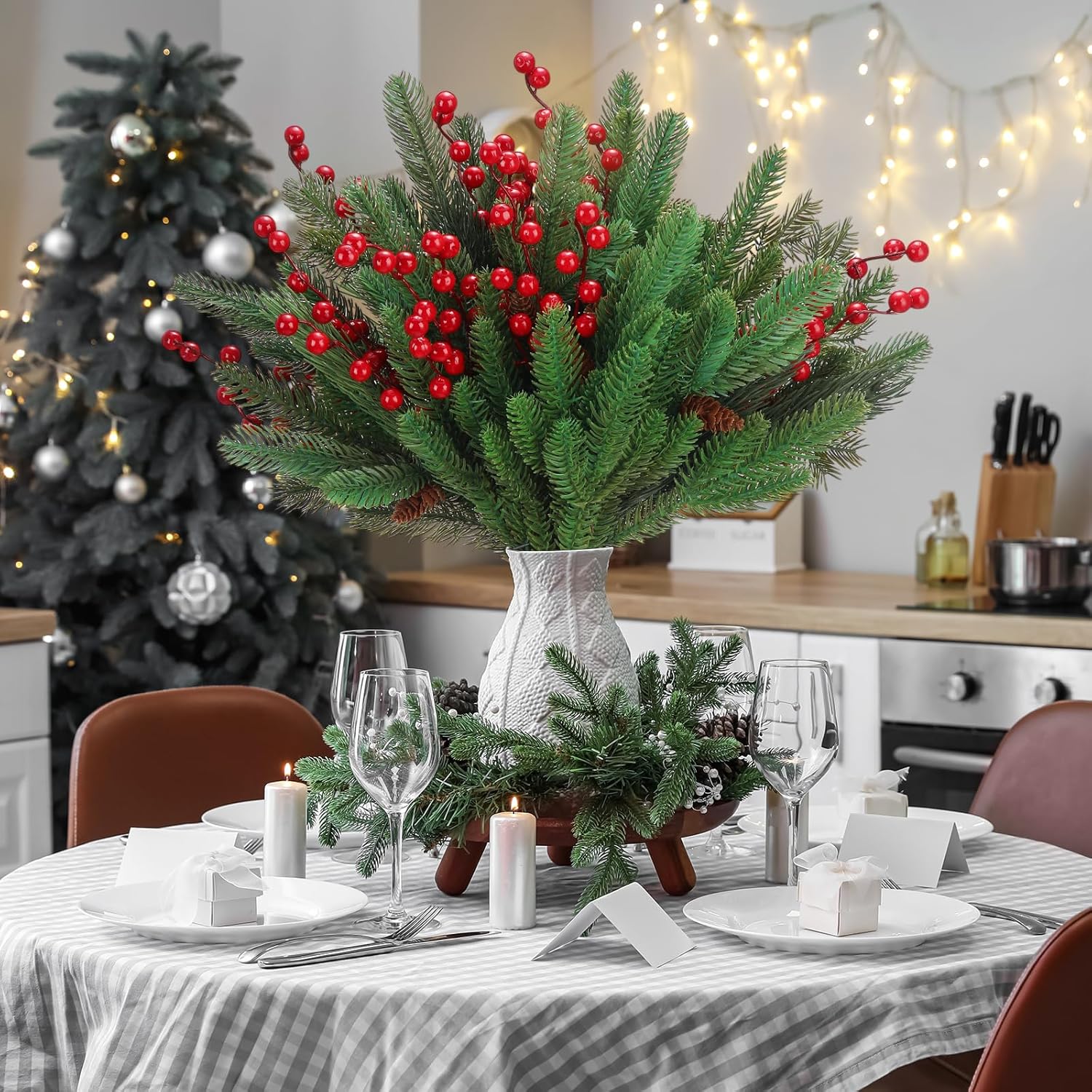 Daifunli 50 Pcs 18.5 Inch Large Christmas Artificial Pine Branches Faux Pine Needles with Pinecone, Red Berry Stems Greenery Fake Needle Branches Red Berry for DIY Christmas Wreath Garland