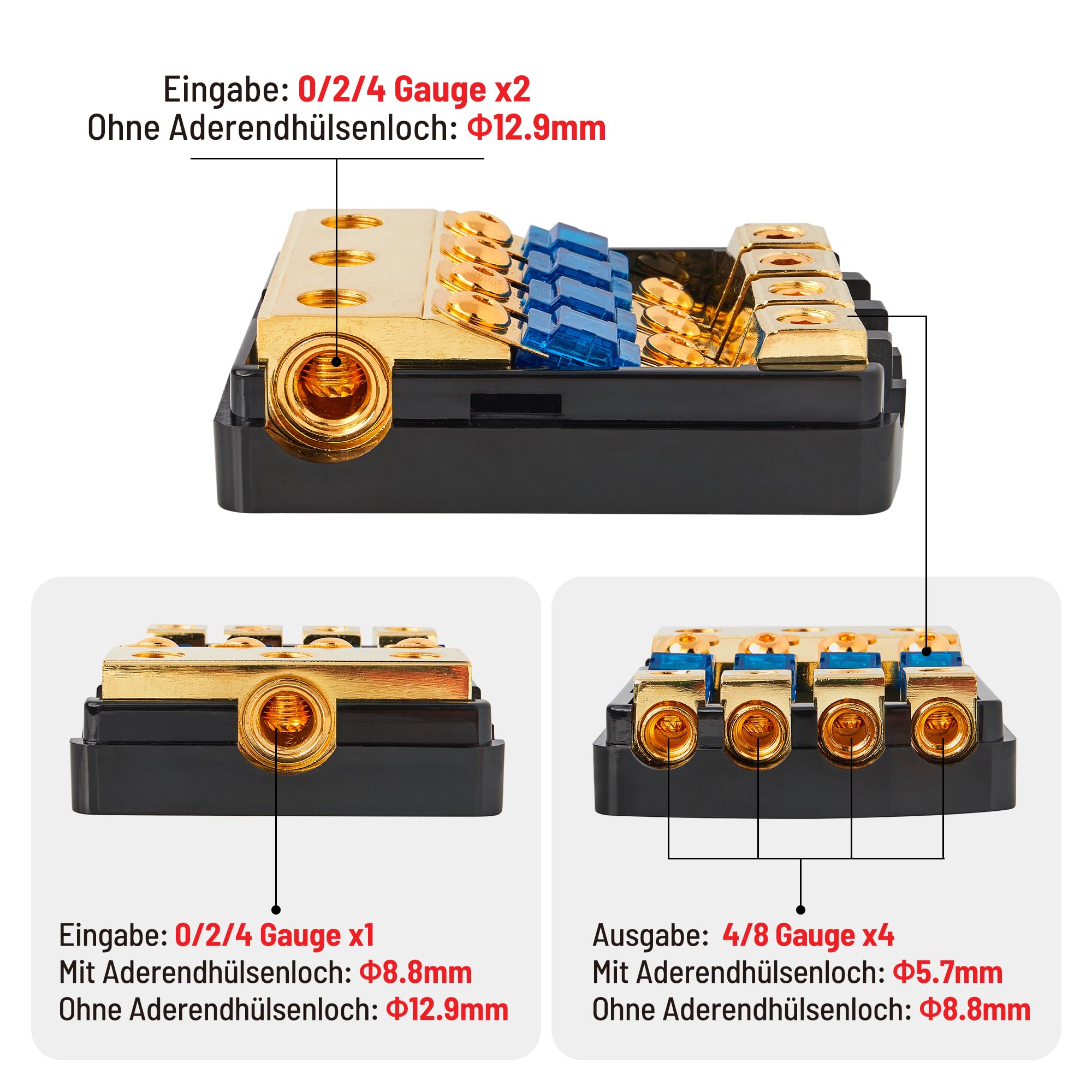 RED WOLF 4 Wege Kfz Stromverteiler mit 60 Ampere Flachsicherungen, Mini ANL Sicherungshalter 60A für Auto Audio Stereo Autobatterie Sicherungshalter 0/2/4 Gauge In 4/8 Gauge Out Verteilerblock