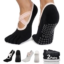 1/2 Pairs Full Toe Yoga Socks for Women Pilates Grip Socks | Lace Straps Barefoot Workout Non Slip Five Toe Socks Women US Size 6-9.5