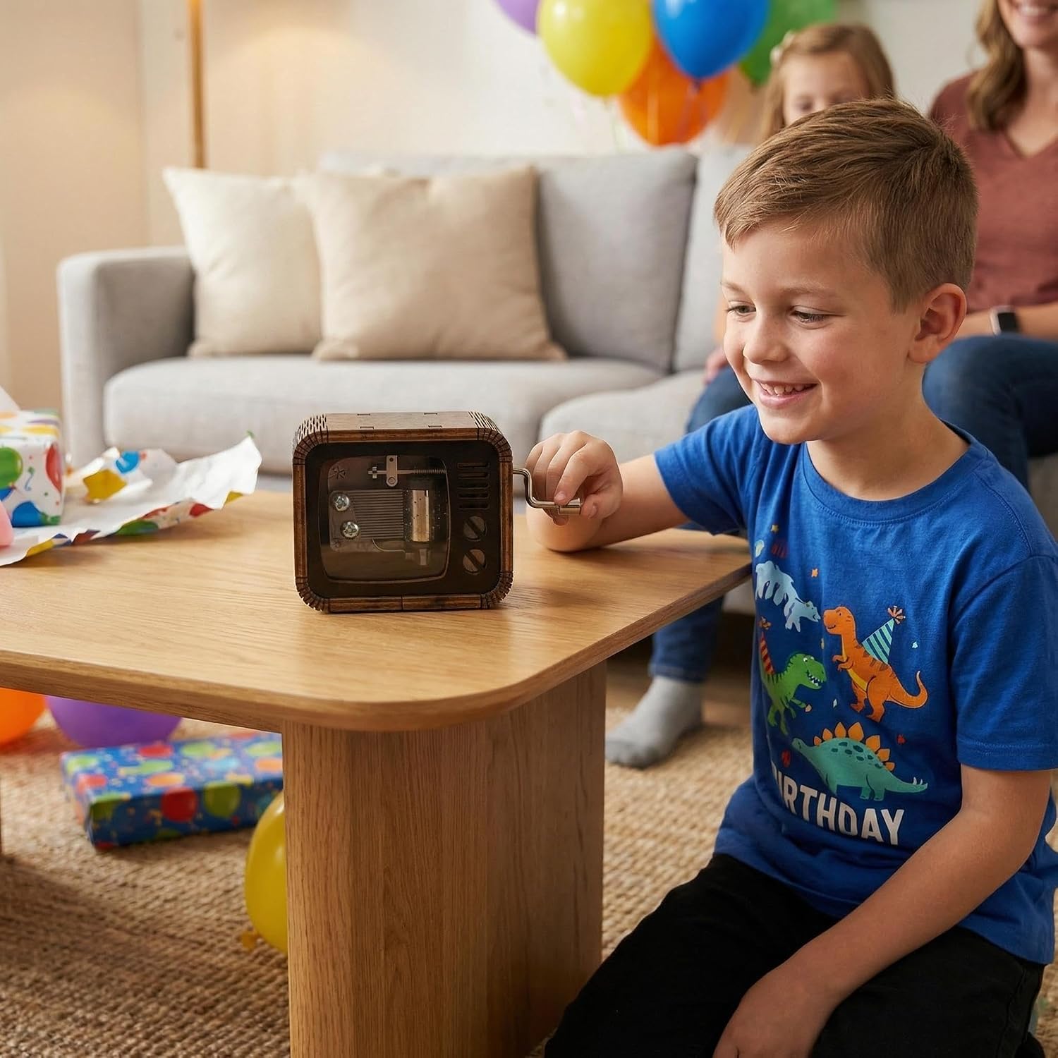 Huntmic Black Wood Birthday Music Box,TV Shape Vintage Musical Boxes Gift for Mom/Daughter/Sun,Wooden Hand Crank Happy Birthday Music Boxes
