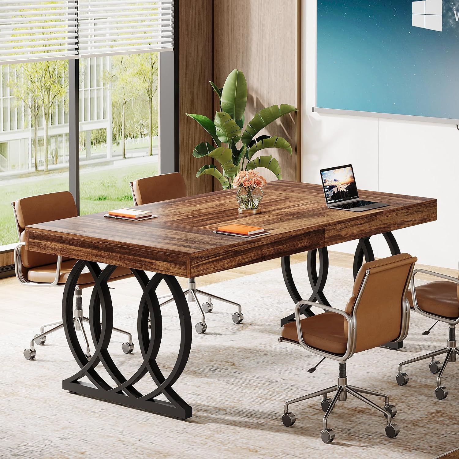 Tribesigns 5 ft Conference Table for 4 to 6, 63-Inch Rectangle Meeting Table Modern Computer Desk with Metal Base, Business Furniture for Home Office, Boardroom, Rustic Brown and Black
