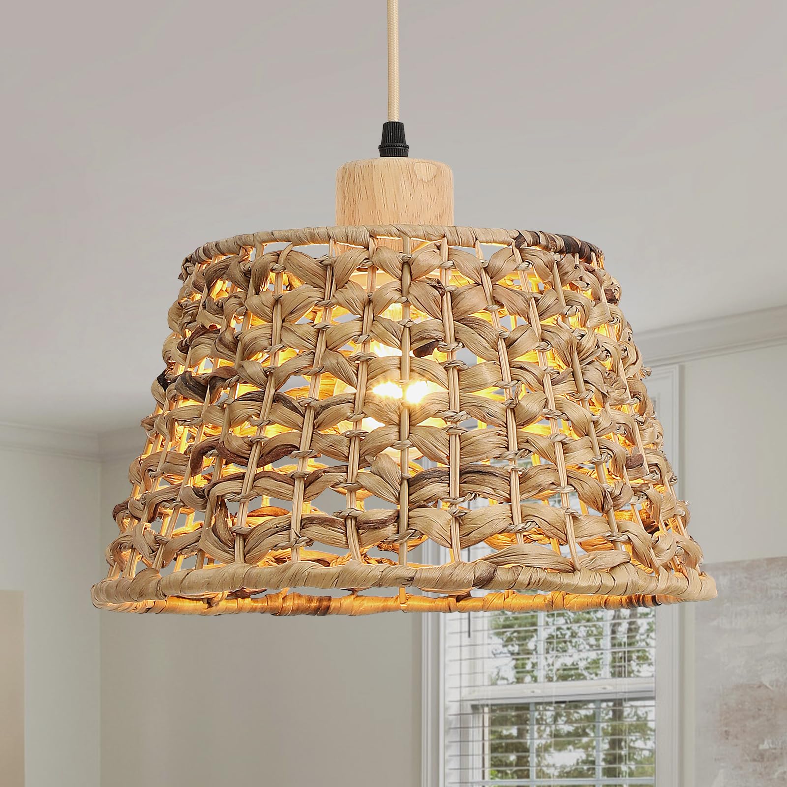 Rattan Boho Pendant Light, 12" 1-Light Hand-Woven Wicker Pendant Light with Water Hyacinth Shade, Natural Coastal Cone Hanging Light for Kitchen Island Sink Dining Room Brown Small, 12"