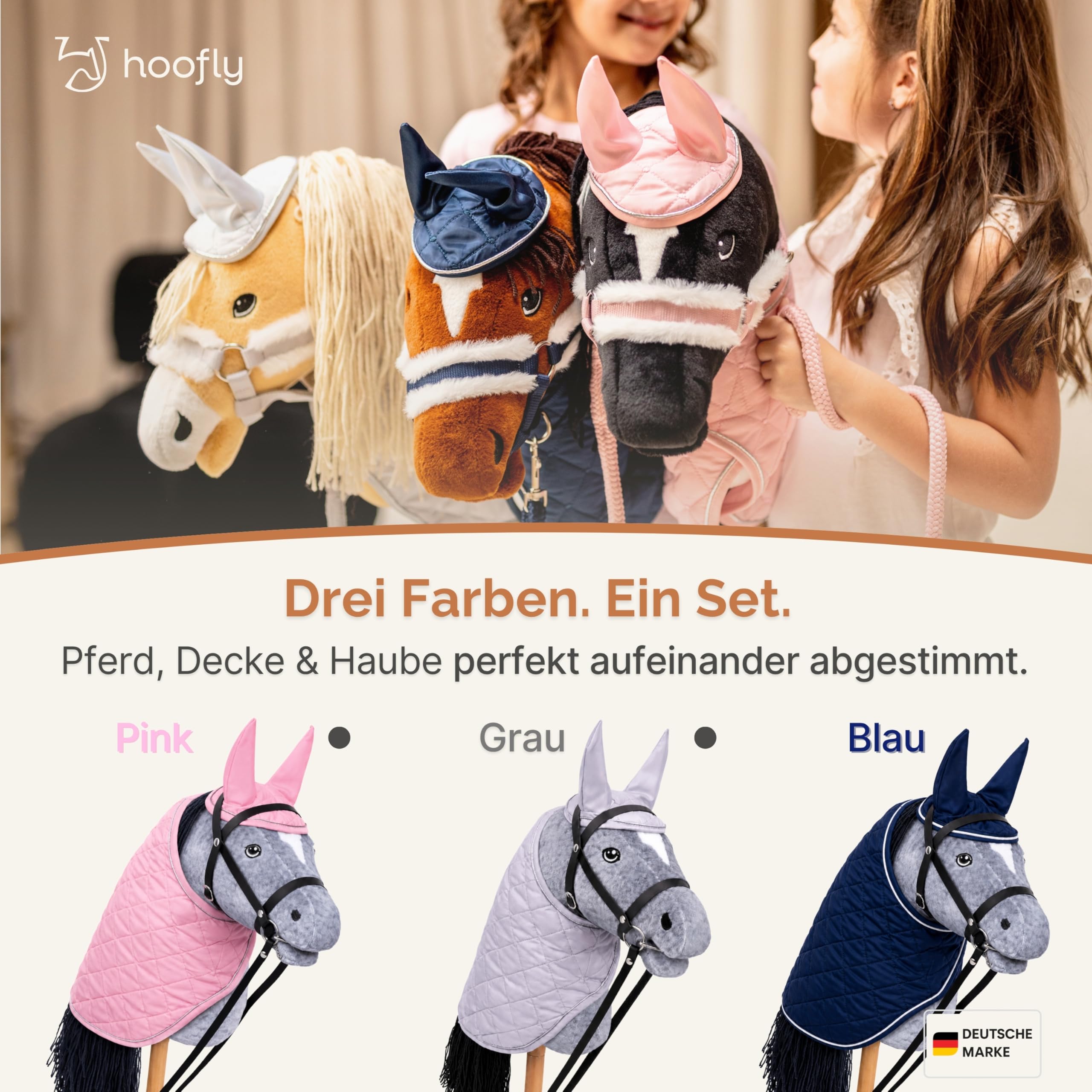 Hobby Horse Set – Großes Steckenpferd für Kinder mit Decke & Fliegenhaube | Komplettes Hobby Horsing Set mit Trense & 35 cm Schraubstab | Graues Pferd – Blaues Zubehör