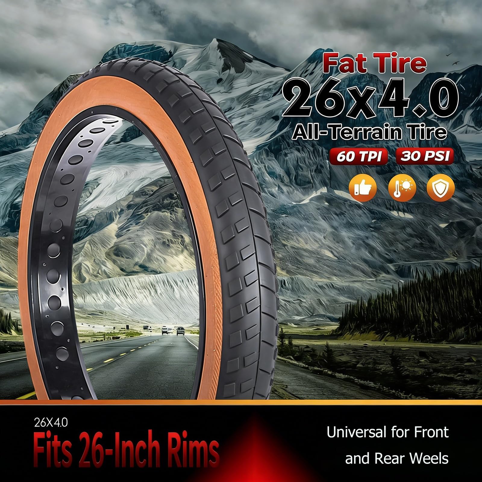 26x4.0 Opona Fat Bike, 60 TPI Odporna na Przebicia, Wszystkie Tereny dla E-Bike i MTB, Śnieg i Piasek, 30 PSI z Grubą Ścianką, Gotowa na Tubeless(TIRE AND TUBE)