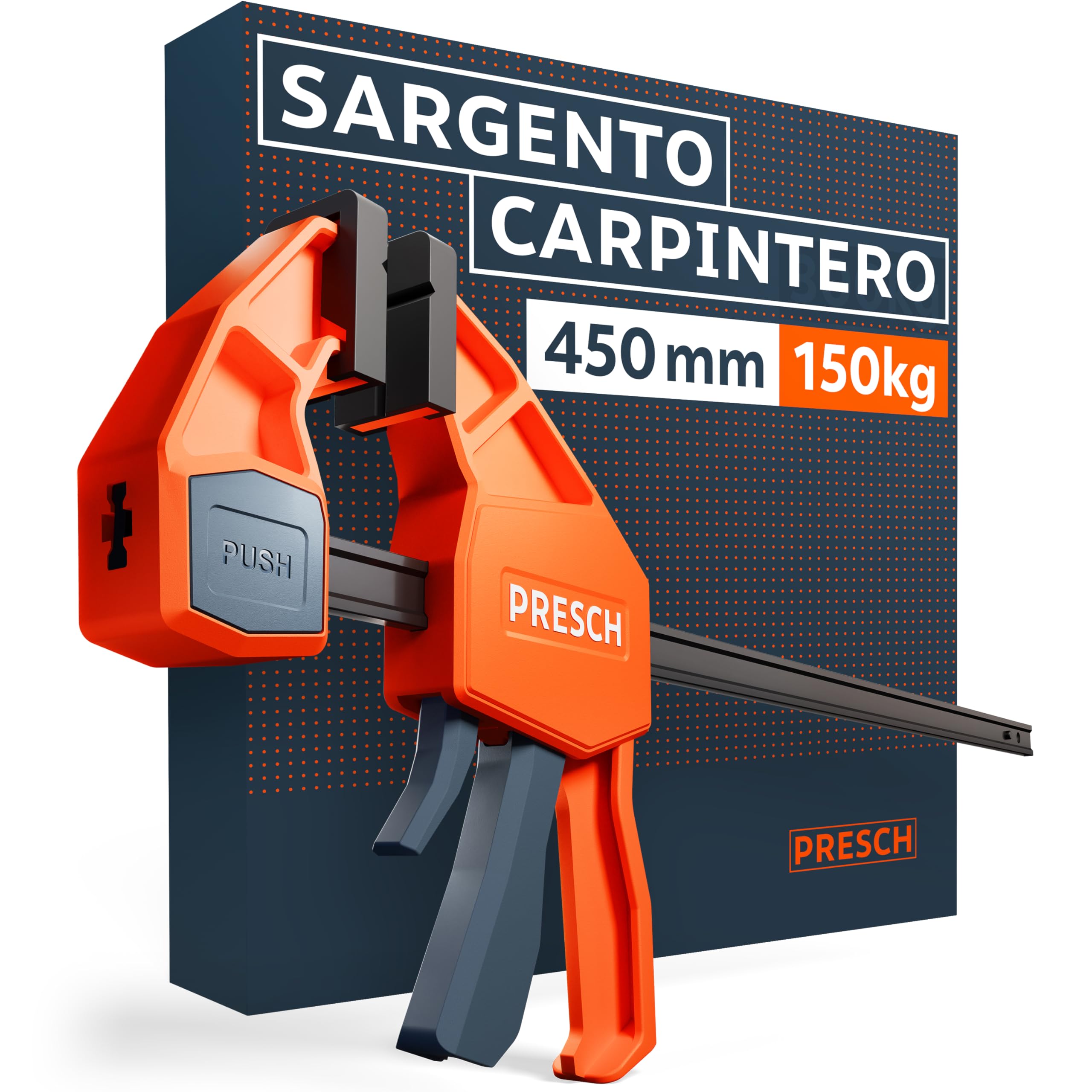 Presch Sargento Carpintero 450mm - Abrazadera de barra con 150 kg de fuerza de sujeción - Robusto gracias al acero al carbono y al cuerpo reforzado con fibra de vidrio - Con función de expansión
