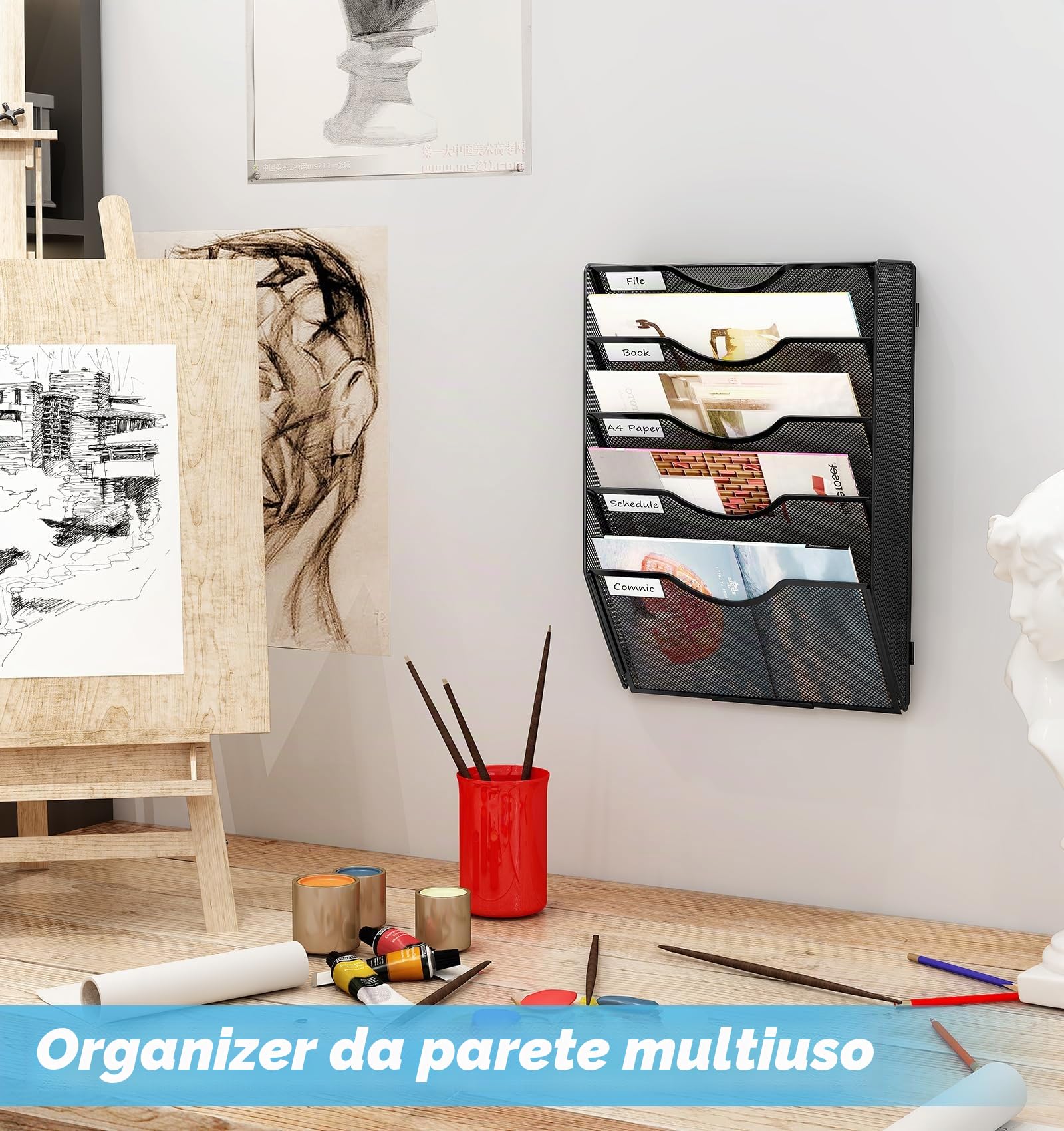 Organizer Documenti da Parete 5 Livelli con Portariviste A4 - Metallo Schedario Ufficio Multifunzione, Portabrochure per Casa e Scuola - Nero