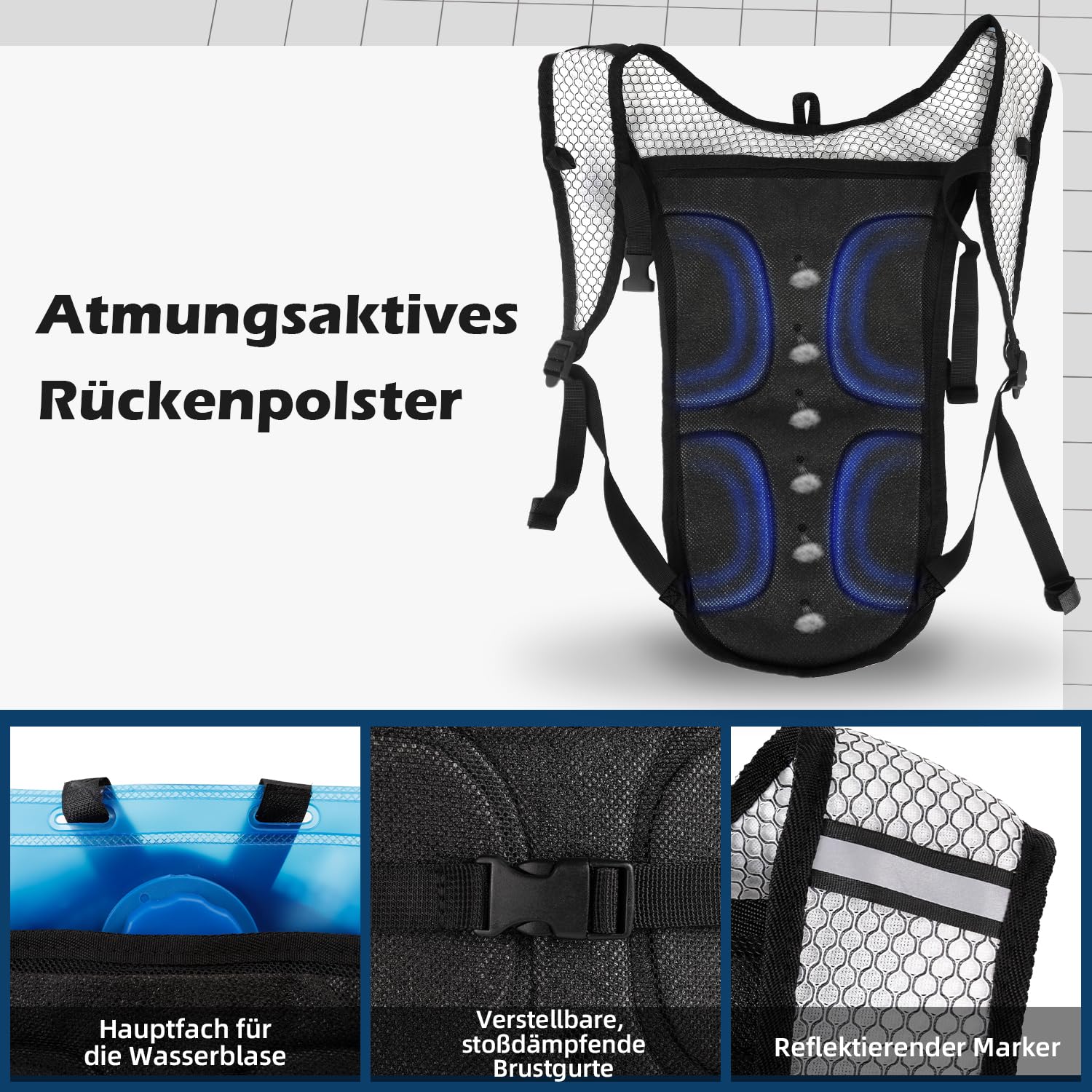 Mochila de hidratación con Bolsa de hidratación de 2 litros, Ligera y Transpirable, con 3 Bolsillos de Capa, Correas de Hombro reforzadas para Senderismo, Correr, Ciclismo