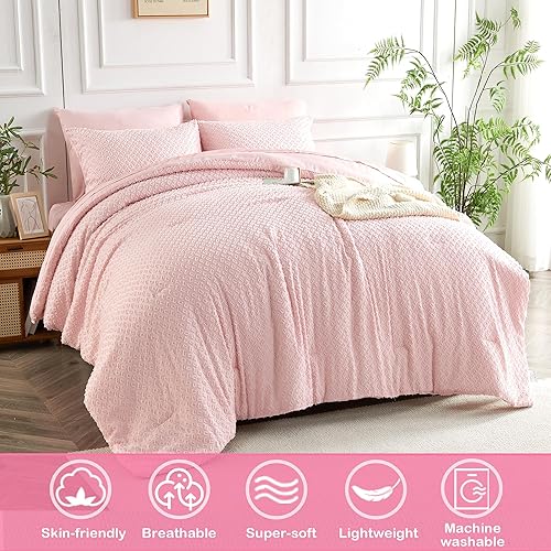 Miniatura 9 de Juego de edredón de 7 piezas con bordado jacquard rosa para niños y niñas, edredón en una bolsa, con 1 edredón, 1 sábana encimera, 1 sábana bajera,