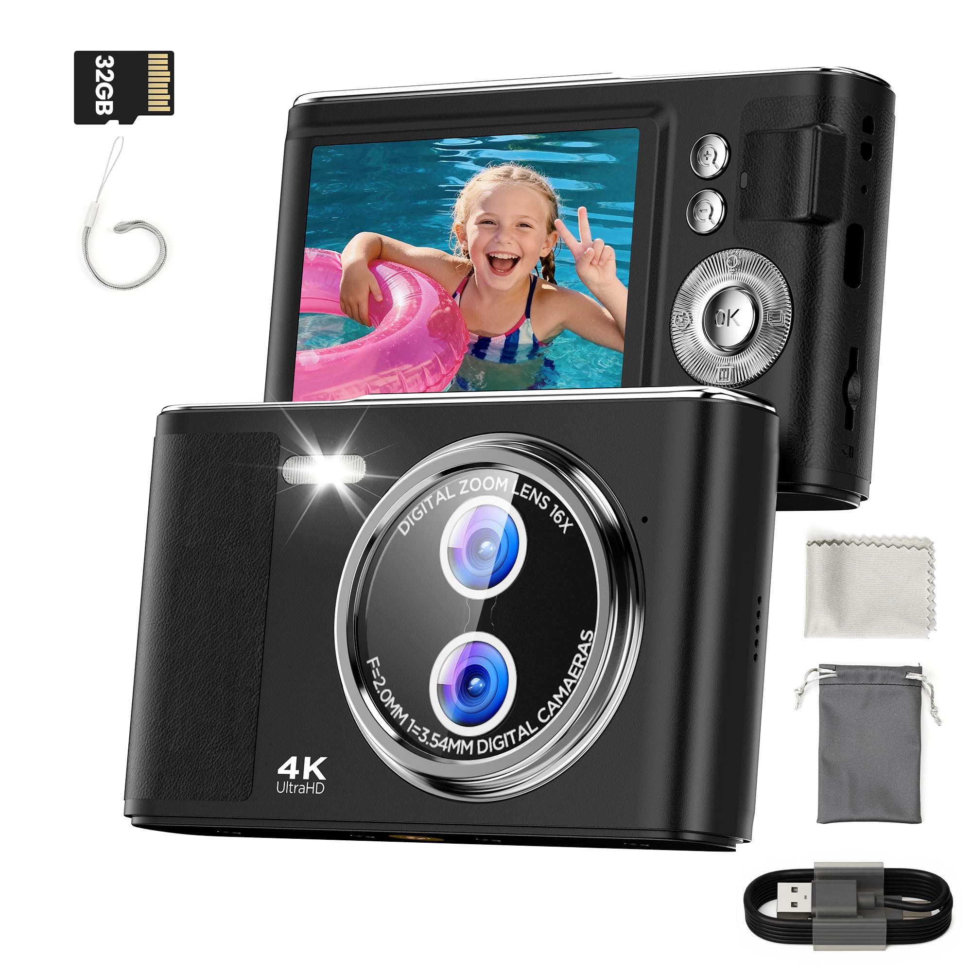 32GB Digitalkamera Kinder Fotokamera: 48MP Anti-Shake Kinderkamera Foto mit 2,8 Zoll 4K-Bildschirm, Vlogging Fotoapparat für YouTube 16X Digital Zoom Kompaktkamera für Fotografie