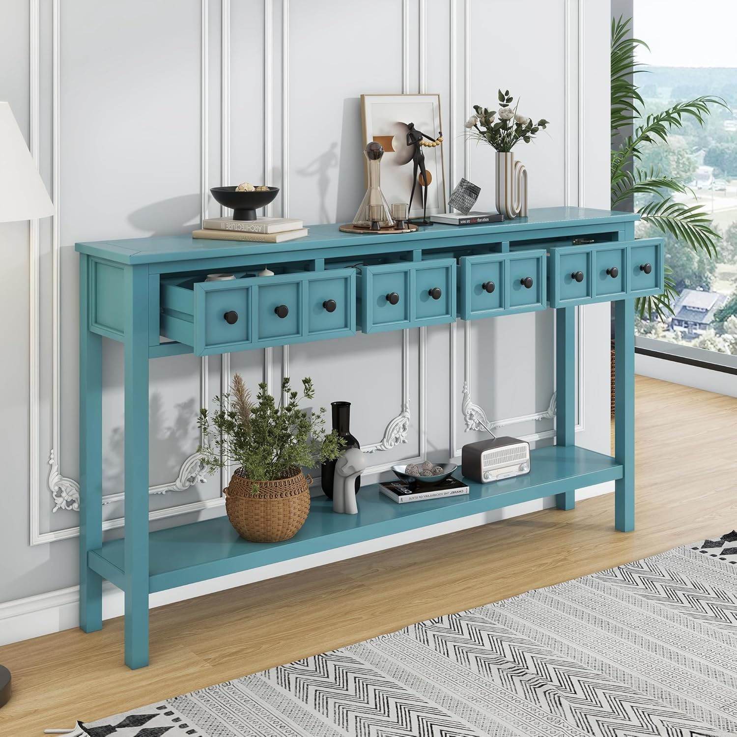 Merax Wood Farmhouse Entry Way Hallway Console Table with Drawers and Bottom Shelf Narrow Long Sidetable for Living Room Turquoise Green