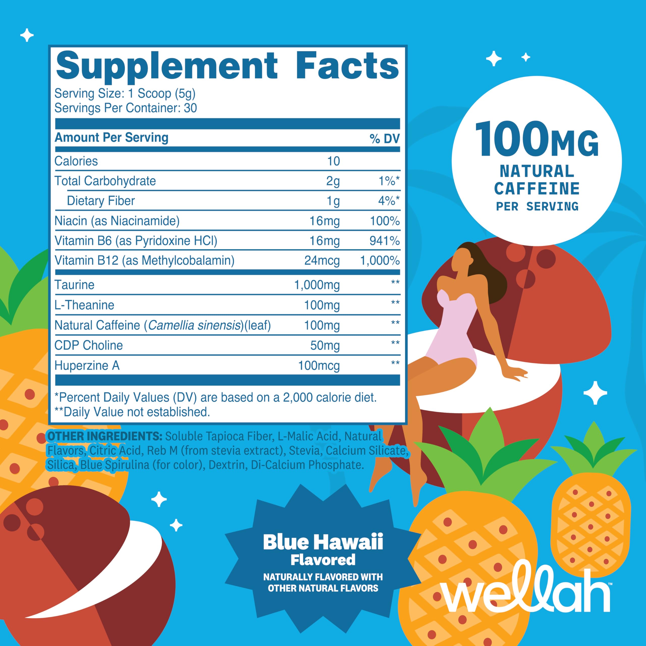 Wellah Energy Powder (Blue Hawaii) 30 Serv, Water Enhancer with Caffeine — Amazon image 2