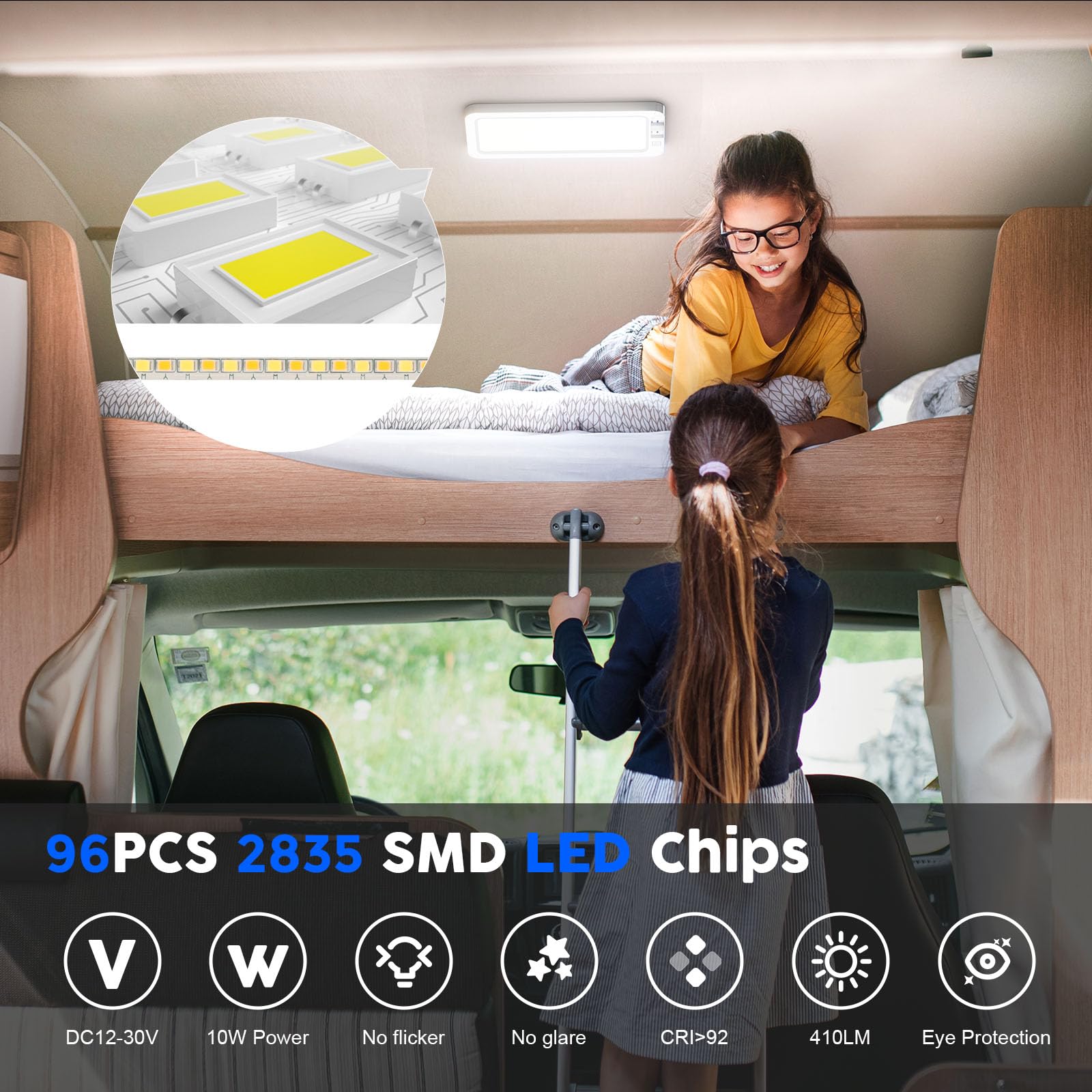12V Luces interiores Led, 1200LM 12V Lámparas LED, 198 LEDs luces caravana interior, 12 v Camper Luces Caravana Interior para Van RV Motorhome Furgoneta (Luz blanca,2PCS)