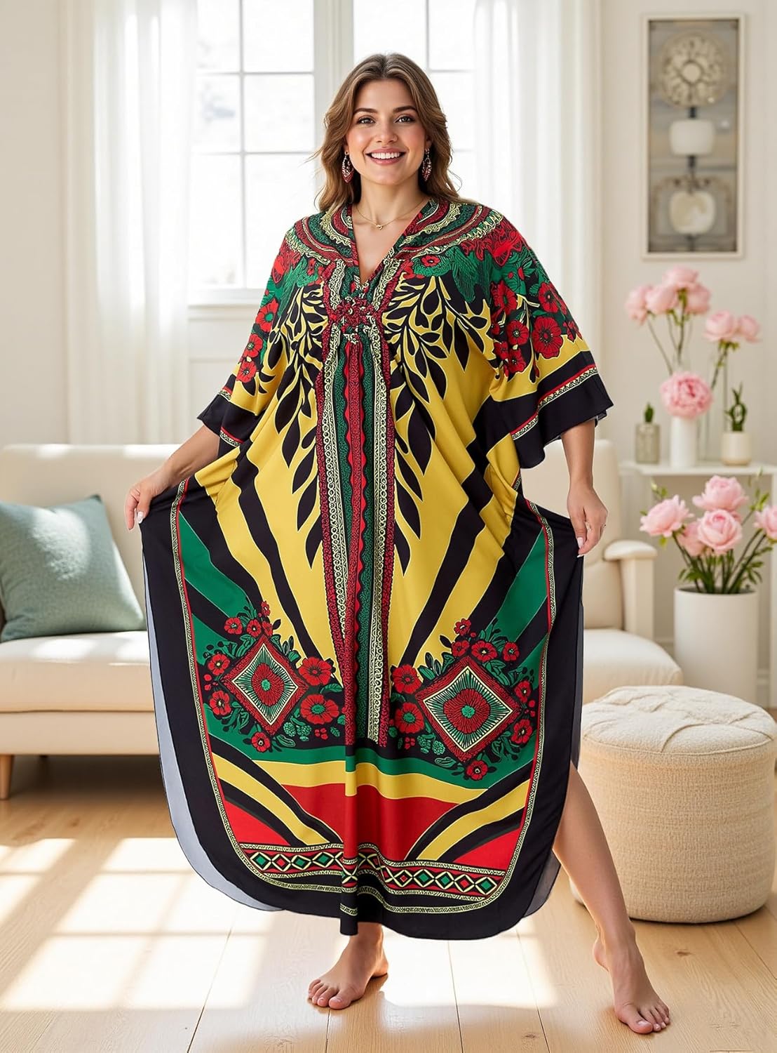 Kaftan Dresses for Women Plus Size V-Neck Batwing Sleeve Beach Cover Up Flowy Summer Maxi Dress - Image 4