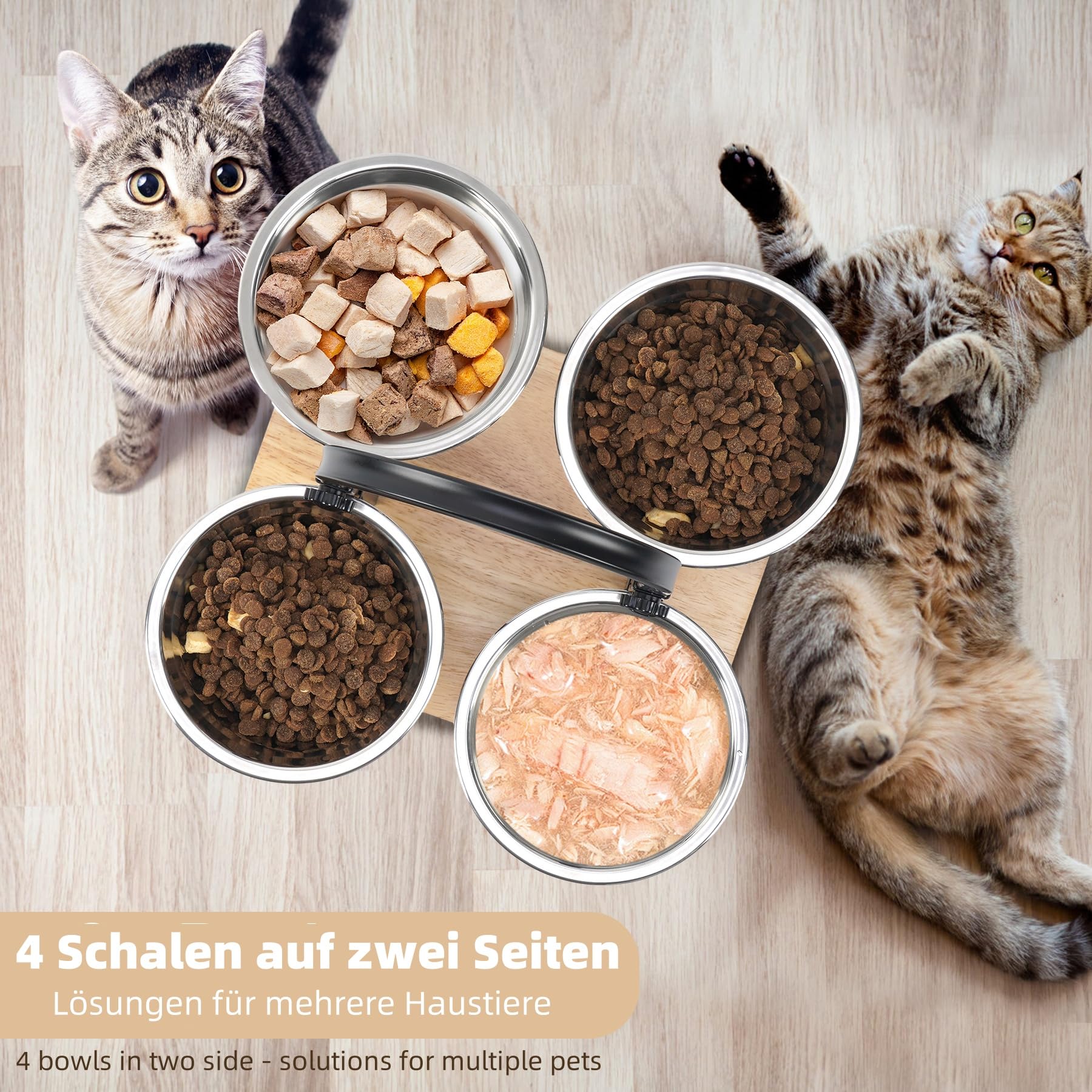 Gamelle surélevée pour chat avec 4 gamelles en acier inoxydable - Hauteur réglable - 4 hauteurs - Station d'alimentation et gamelle d'eau pour chats et petits chiens