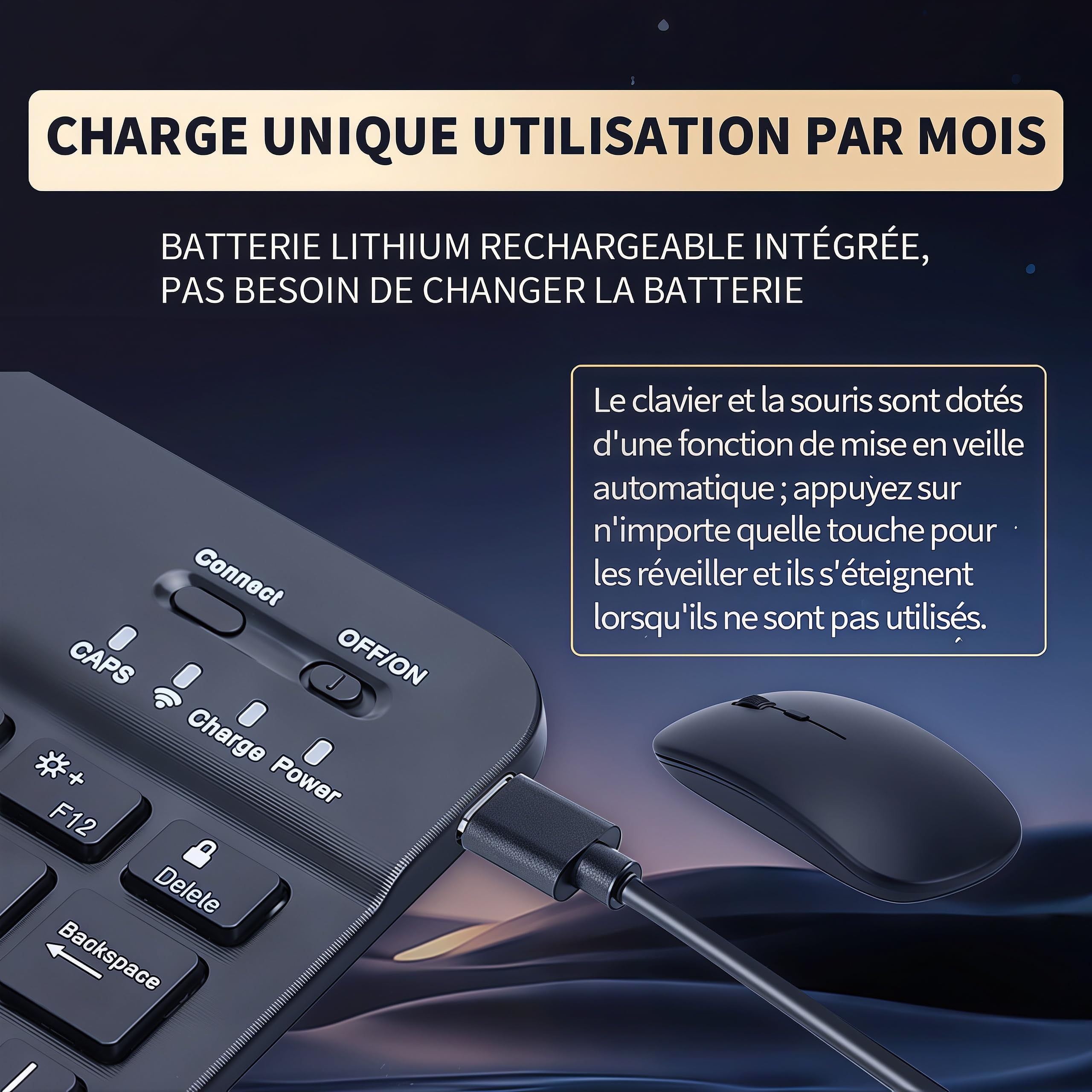 Clavier Souris sans Fil,Wireless Keyboard Mouse Combined, Silent WirelessKeyboard, Rechargeable Ultra-Thin and Portable, Ergonomic Keyboard and Mouse for iOS/iPad/PC/Android/Windows Laptop