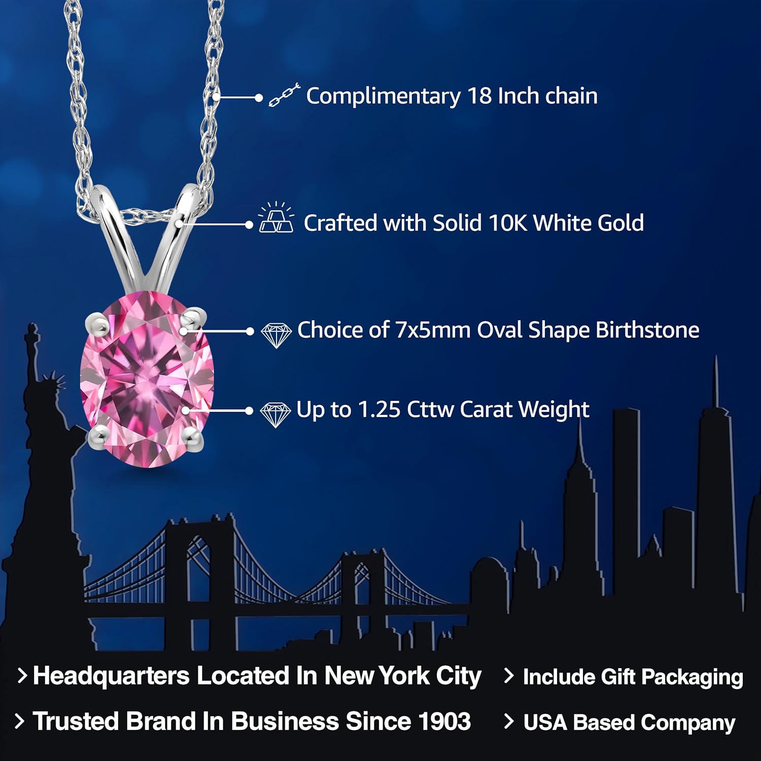 Gem Stone King 10K White Gold Customized and Personalized Oval 7X5MM Gemstone Birthstone Pendant Necklace For Women With 18 Inch Chain - Image 2