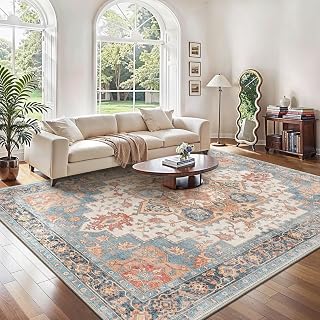 GENIMO Carpet Living Room Vintage Machine Washable Area Rugs, Non Slip Backing Mats, Short Pile Bedroom Rug for Kitchen, Dining Room, Vintage Coral Blue,200 * 290cm