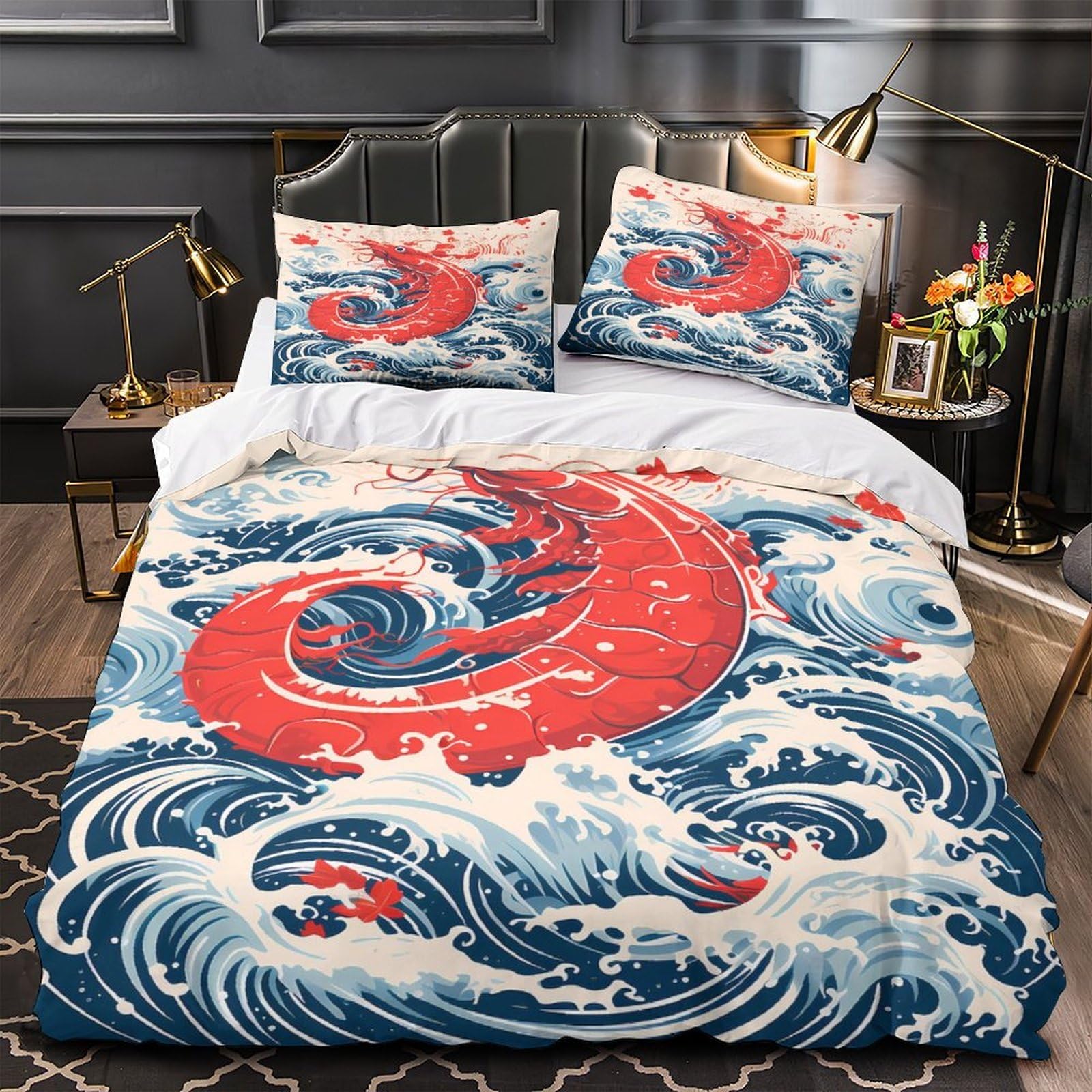 Housse de couette rouge 260x220 art floral en microfibre