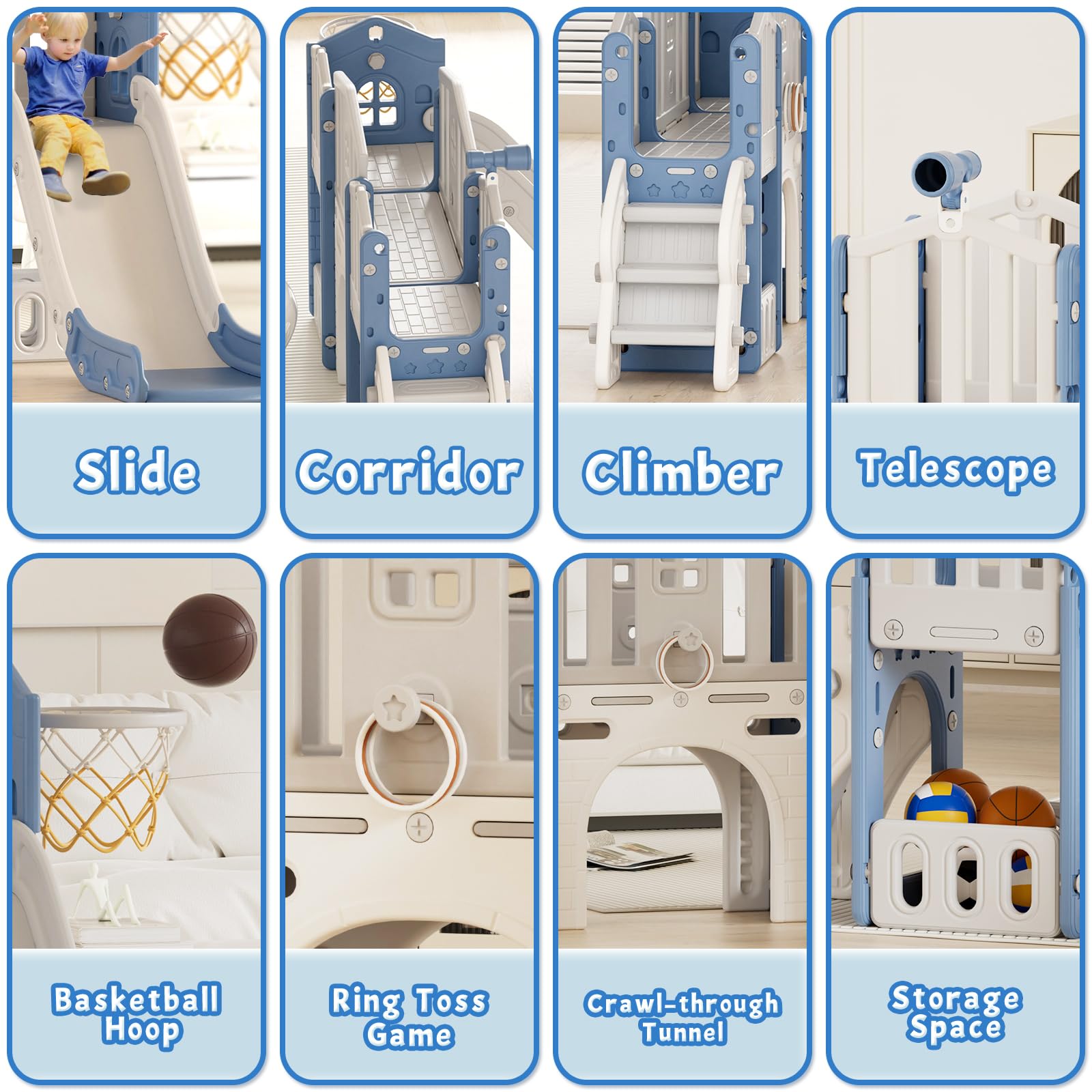 XJD 9 in 1 Toddler Slide Set, Kids Slide for Toddlers Age 1+, Toddler Climber Slide PlaySet with Basketball Hoop and Ball,Outdoor Indoor Playground for Toddlers 1-3 (Blue)