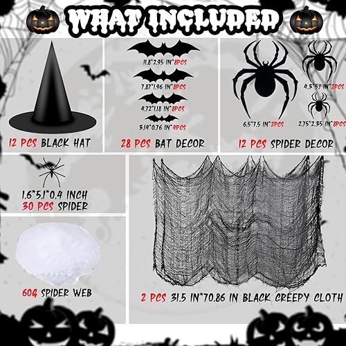 Miniatura 4 de MAIAGO Kit de decoración de Halloween de 85 piezas, 12 sombreros de bruja negros, 28 murciélagos 3D, 12 arañas 3D, 30 arañas falsas, 2 piezas de