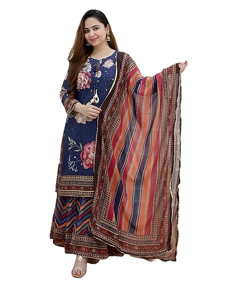 Women Croset Embroidered Printed Kurta and Sharara Set with Dupatta