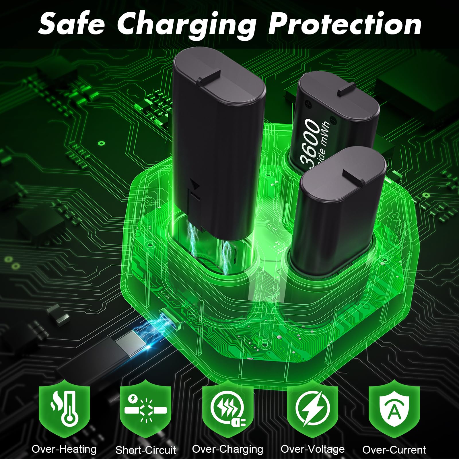 Confezione da 4 batterie ricaricabili per controller Xbox, dock di ricarica con 4 batterie NiMH da 3600 mWh per controller wireless Xbox One/Xbox Series X|S, Xbox One S/X/Elite