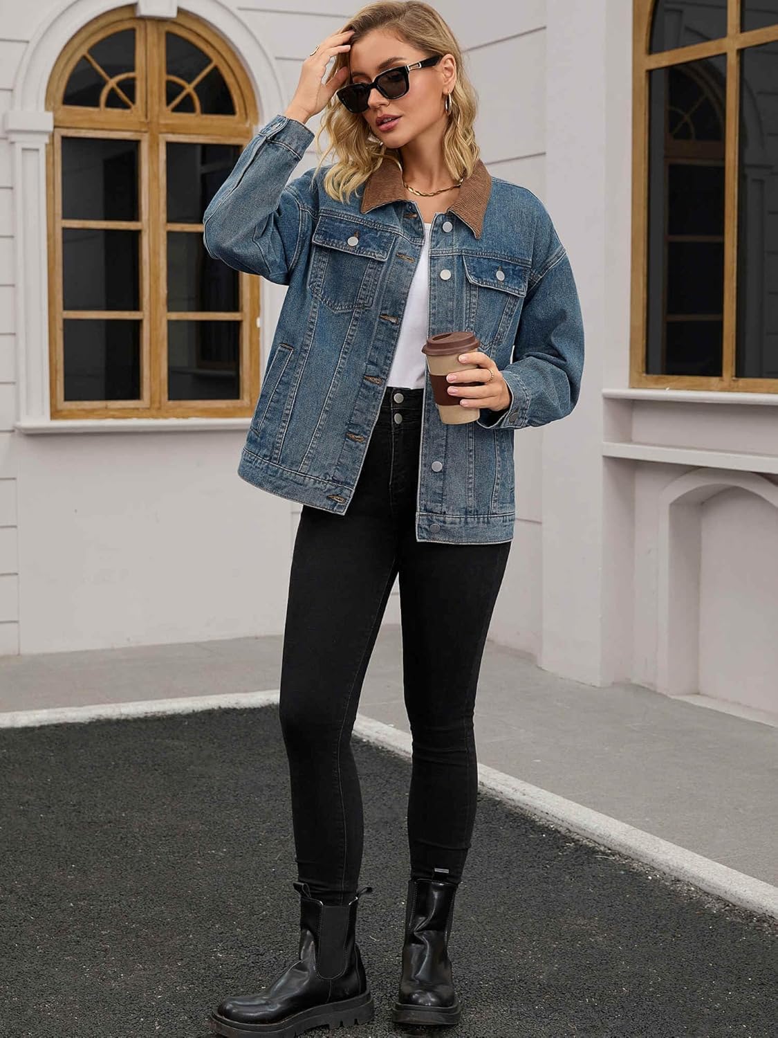 Women's Jean Jacket Button Down Corduroy Collar Long Sleeve Western Shacket Denim Jackets - Image 3