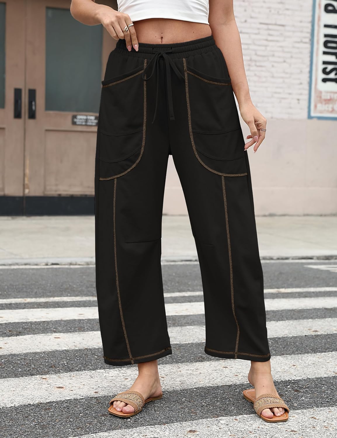 Womens Casual Barrel Pants Baggy Wide Leg Lounge Drawstring Elastic Waist Sweatpants Trousers with Pockets - Image 4